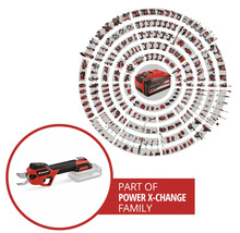 Einhell Akku-Astschere als Teil der Power X-Change Familie, kompatibel mit einer Vielzahl von Werkzeugen und Gartengeräten.