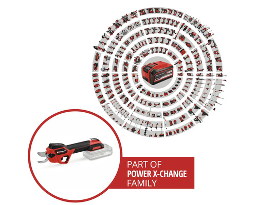 Einhell Akku-Astschere als Teil der Power X-Change Familie, kompatibel mit einer Vielzahl von Werkzeugen und Gartengeräten.