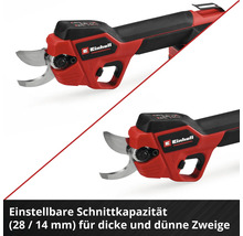 Einhell Akku-Astschere mit einer einstellbaren Schnittkapazität von 28 Millimeter und 14 Millimeter für dicke und dünne Zweige.