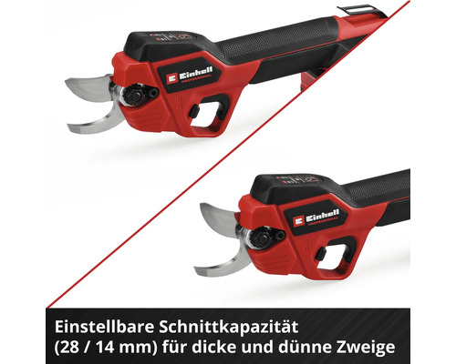 Einhell Akku-Astschere mit einer einstellbaren Schnittkapazität von 28 Millimeter und 14 Millimeter für dicke und dünne Zweige.