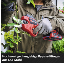Einhell Akku-Astschere mit Bypass-Klingen aus SK5-Stahl beim Schneiden eines Pflanzenzweigs durch eine Person mit Handschuhen.