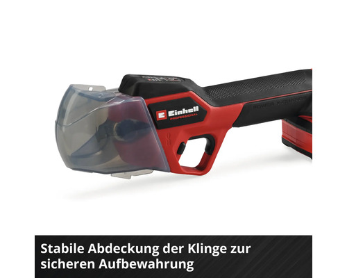 Einhell Professional Akku-Astschere mit stabiler, transparenter Klingenabdeckung zur sicheren Aufbewahrung.