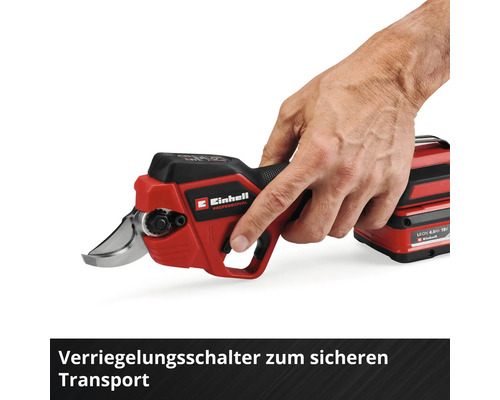 Einhell Professional Akku-Astschere mit Verriegelungsschalter für den sicheren Transport.