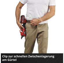 Akku-Astschere mit Gürtelclip für die schnelle Zwischenlagerung am Gürtel.