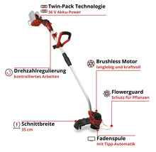 Einhell Akku-Sense, bürstenloser Motor, 36 Volt, 35 Zentimeter Schnittbreite, Drehzahlregulierung, Pflanzenschutzbügel und Tipp-Automatik-Spule.