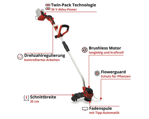 Einhell Akku-Sense, bürstenloser Motor, 36 Volt, 35 Zentimeter Schnittbreite, Drehzahlregulierung, Pflanzenschutzbügel und Tipp-Automatik-Spule.