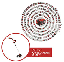 Einhell Power X-Change Akkusystem Übersicht mit Akku-Rasentrimmer und einer Vielzahl an kompatiblen Werkzeugen und Gartengeräten.