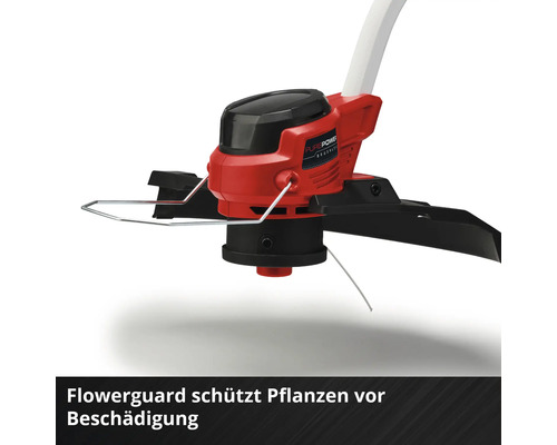Rasentrimmer mit Pflanzenschutzbügel zum Schutz von Blumen und Pflanzen vor dem Trimmerfaden.