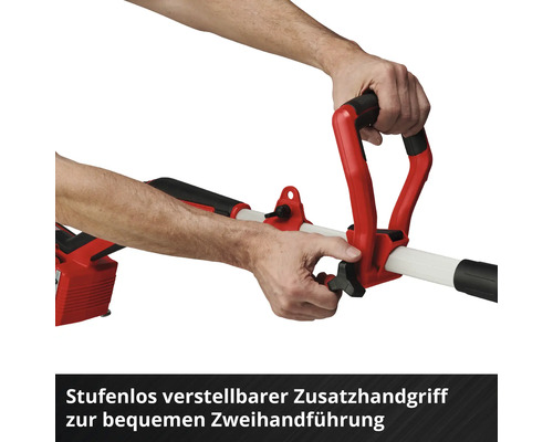 Stufenlos verstellbarer Zusatzhandgriff für eine bequeme Zweihandführung eines Gartengeräts.