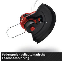 Rasentrimmer-Kopf mit Fadenspule, vollautomatischer Fadennachführung, Schutzhaube und Pflanzenschutzbügel.