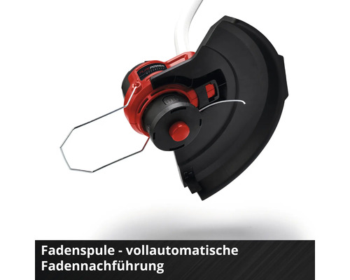 Rasentrimmer-Kopf mit Fadenspule, vollautomatischer Fadennachführung, Schutzhaube und Pflanzenschutzbügel.