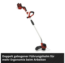 Akku-Rasentrimmer mit doppelt gebogenem Führungsholm für ergonomisches Arbeiten.
