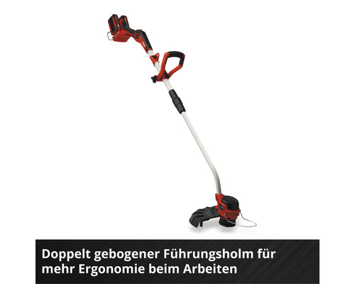 Akku-Rasentrimmer mit doppelt gebogenem Führungsholm für ergonomisches Arbeiten.