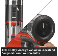 Akku-Handstaubsauger mit LED-Display für Ladestand und Saugmodus, bürstenlosem Motor und HEPA-Filter.