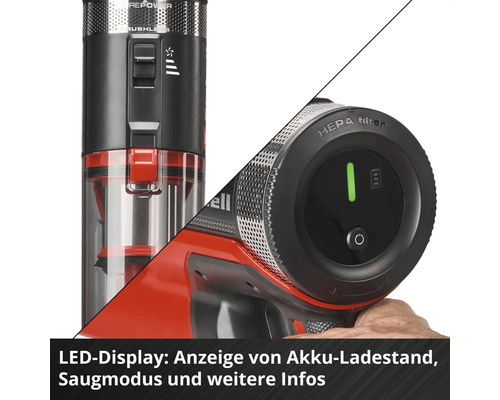Akku-Handstaubsauger mit LED-Display für Ladestand und Saugmodus, bürstenlosem Motor und HEPA-Filter.