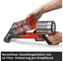 Einhell Akku-Staubsauger mit Einhell Logo, abnehmbarem beutellosem Staubfangbehälter und zwei Filtern zur einfachen Entleerung.