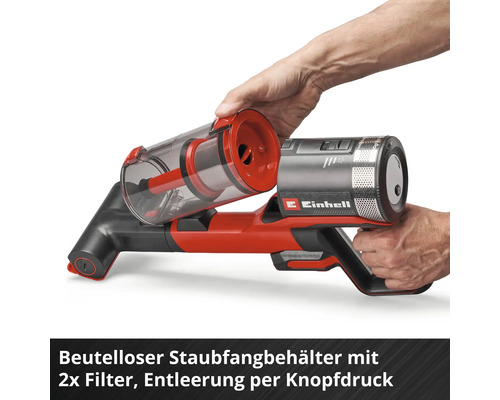 Einhell Akku-Staubsauger mit Einhell Logo, abnehmbarem beutellosem Staubfangbehälter und zwei Filtern zur einfachen Entleerung.