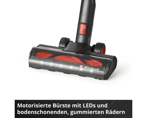 Einhell motorisierte Bürste mit LED-Beleuchtung und bodenschonenden gummierten Rädern.