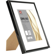 Kunststoffbilderrahmen Schwarz DIN A5 15 mal 21 Zentimeter mit Passepartout und Aufsteller.