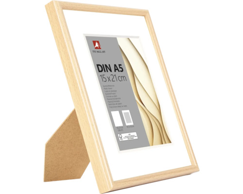 Bilderrahmen aus Kunststoff in Holzoptik mit Passepartout, Format DIN A5, 15 mal 21 Zentimeter, inklusive Aufsteller.