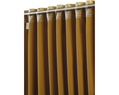 Senfgelber Vorhang mit verdeckten Schlaufen an einer Metallstange, strukturierter Stoff.