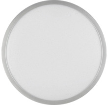 Runde LED-Deckenleuchte mit silberfarbenem Rahmen und weißem Schirm mit Sternenhimmel-Effekt.