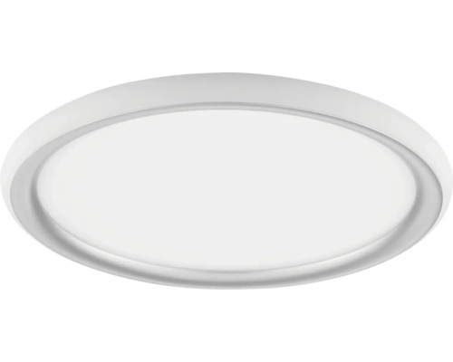 Runde, flache LED-Deckenleuchte mit weißem Rahmen.