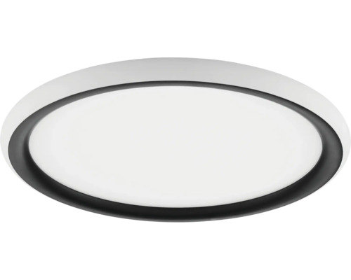 Runde, flache LED-Deckenleuchte mit schwarzem Innenring und weißem Gehäuse.