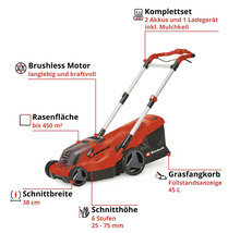 Einhell Akku-Rasenmäher Set mit bürstenlosem Motor, 38 Zentimeter Schnittbreite, 45 Liter Fangkorb, für Rasenflächen bis 450 Quadratmeter.