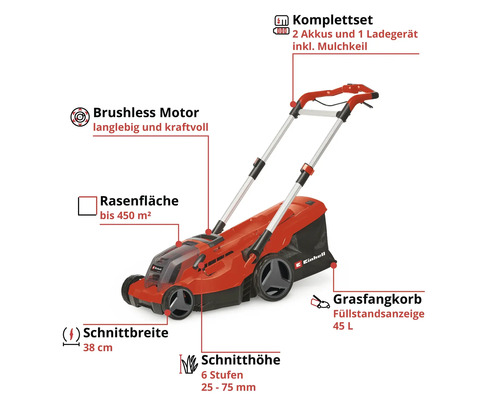 Einhell Akku-Rasenmäher Set mit bürstenlosem Motor, 38 Zentimeter Schnittbreite, 45 Liter Fangkorb, für Rasenflächen bis 450 Quadratmeter.