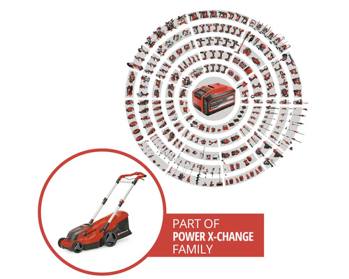 Einhell Akku-System Power X-Change mit einer Vielzahl an kompatiblen Werkzeugen und Gartengeräten sowie einem Akku-Rasenmäher.