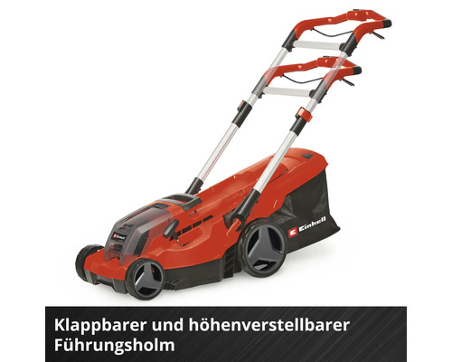 Einhell Rasenmäher in Rot und Schwarz mit klappbarem und höhenverstellbarem Führungsholm.
