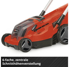 Einhell Rasenmäher mit 6-facher zentraler Schnitthöhenverstellung.
