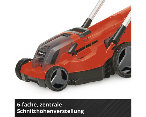 Einhell Rasenmäher mit 6-facher zentraler Schnitthöhenverstellung.