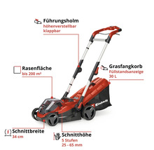 Einhell Rasenmäher für 200 Quadratmeter, 34 Zentimeter Schnittbreite, verstellbarer Holm, 30 Liter Fangkorb, Schnitthöhe 25 bis 65 Millimeter.