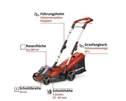 Einhell Rasenmäher für 200 Quadratmeter, 34 Zentimeter Schnittbreite, verstellbarer Holm, 30 Liter Fangkorb, Schnitthöhe 25 bis 65 Millimeter.