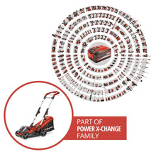 Einhell Akku-Rasenmäher als Teil der Power X-Change Familie mit vielen kompatiblen Geräten und einem zentralen Akkumulator.