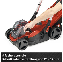 Einhell Akku-Rasenmäher mit zentraler 5-facher Schnitthöhenverstellung von 25 bis 65 Millimeter.