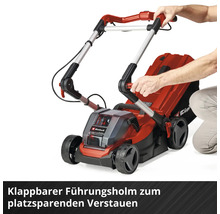Einhell Rasenmäher mit klappbarem Führungsholm für eine platzsparende Aufbewahrung.