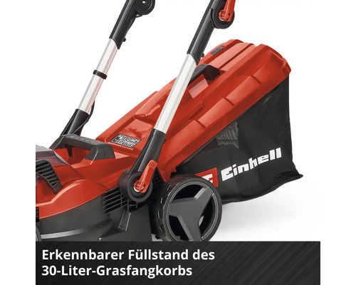 Einhell Rasenmäher mit 30 Liter Grasfangkorb, erkennbarer Füllstandsanzeige und Einhell Logo.