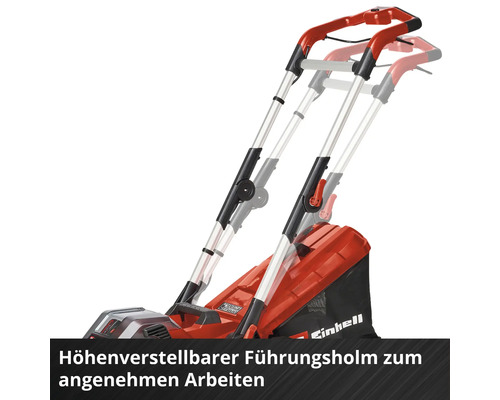 Einhell Rasenmäher mit höhenverstellbarem Führungsholm für ergonomisches Arbeiten.