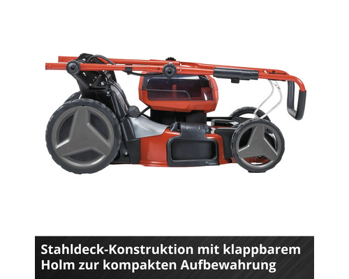 Rasenmäher mit Stahlgehäuse und zusammengeklapptem Holm für eine kompakte Aufbewahrung.