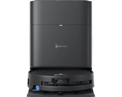 Ecovacs Saugroboter mit Absaugstation in Schwarz, Frontansicht mit Ecovacs Logo und AIVI 3D Sensor.