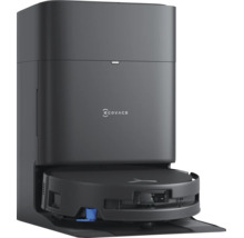 Ecovacs Saugroboter mit Absaugstation, Ecovacs Logo, schwarze matte Oberfläche.