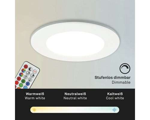 Runde LED Deckenleuchte mit Fernbedienung, stufenlos dimmbar und einstellbarer Farbtemperatur von warmweiß bis kaltweiß.