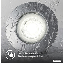 Runder LED Einbaustrahler mit Schutzart IP65, staubdicht und strahlwassergeschützt, geeignet für den Außenbereich.