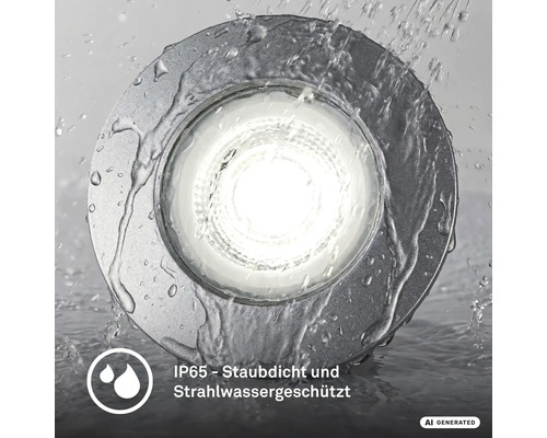 Runder LED Einbaustrahler mit Schutzart IP65, staubdicht und strahlwassergeschützt, geeignet für den Außenbereich.