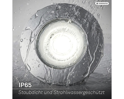 Runder LED Einbaustrahler mit Schutzart IP65, staubdicht und strahlwassergeschützt unter fließendem Wasser.