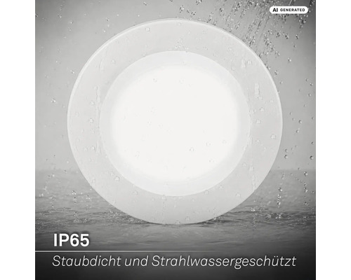 Runde LED Einbauleuchte mit Schutzart IP65 staubdicht und strahlwassergeschützt.