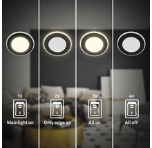LED Deckenleuchte mit vier Schaltstufen zur Auswahl von Hauptlicht, Randbeleuchtung, beidem gleichzeitig oder zum Ausschalten.